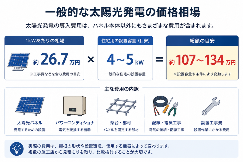 一般的な太陽光発電の設置費用は総額では約107〜134万円前後が相場（4〜5kW程度）