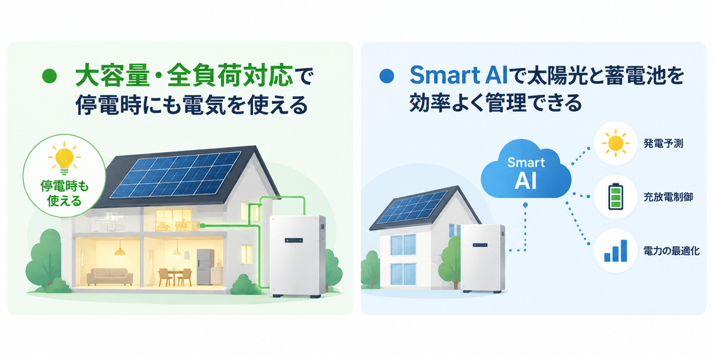 スマートソーラーの蓄電池は大容量・Smart AIによる電力管理に対応